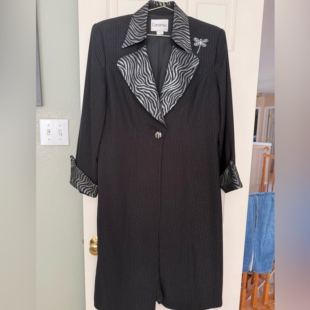 Black Pinstripe Coat with Zebra Print Accents